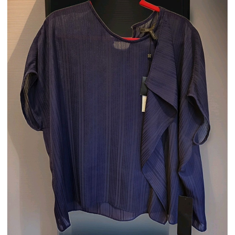 BCBG MaxAzria Womens Short Sleeve Riese Blouse Navy Blue Large NWT Chiffon Flow
